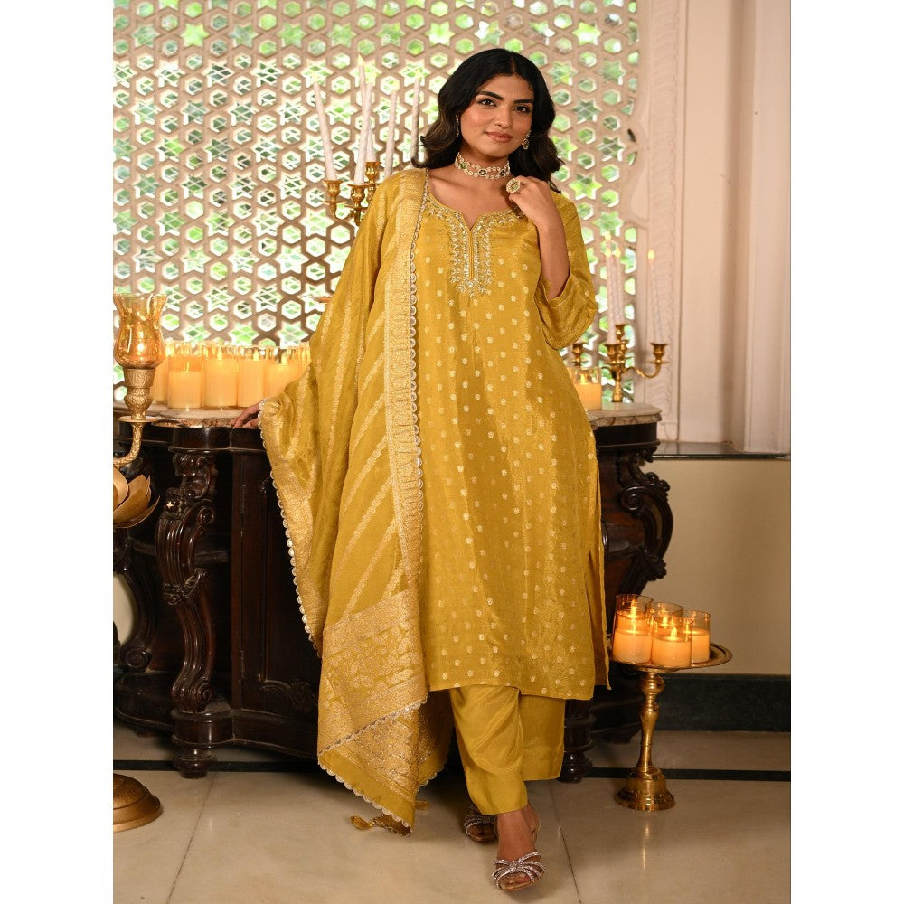 Mahee Jaipur Yellow Banarasi Sequence, Gota Work Kurta with Pant and Dupatta
