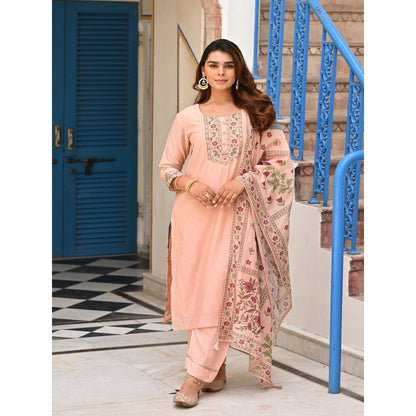 Mahee Jaipur Peach Block Mughal Print Mul Kurta with Pant and Dupatta