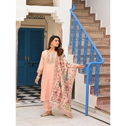 Mahee Jaipur Peach Block Mughal Print Mul Kurta with Pant and Dupatta