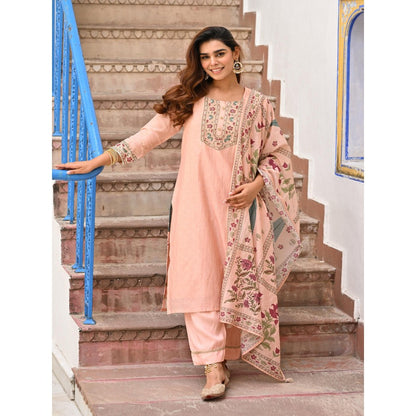 Mahee Jaipur Peach Block Mughal Print Mul Kurta with Pant and Dupatta