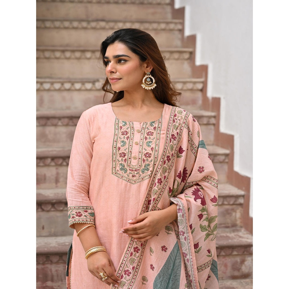 Mahee Jaipur Peach Block Mughal Print Mul Kurta with Pant and Dupatta