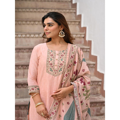 Mahee Jaipur Peach Block Mughal Print Mul Kurta with Pant and Dupatta
