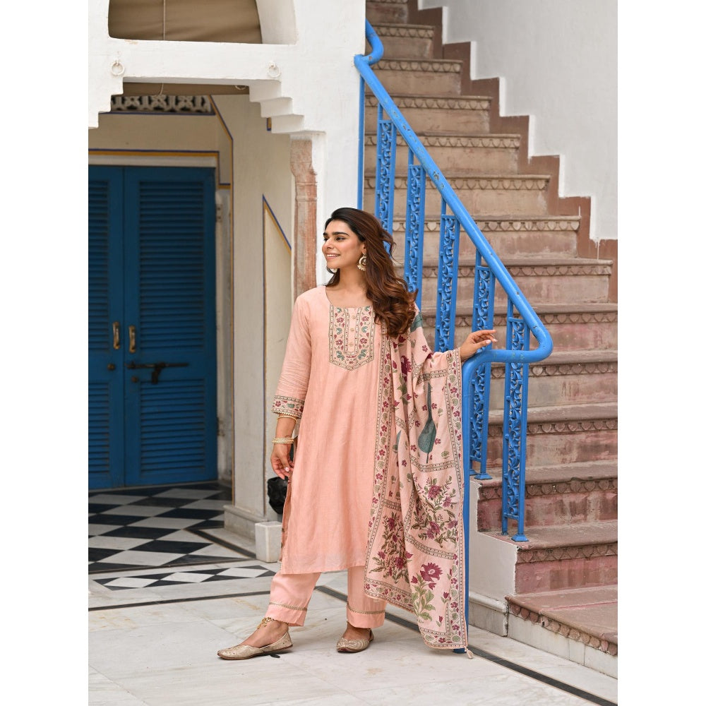 Mahee Jaipur Peach Block Mughal Print Mul Kurta with Pant and Dupatta
