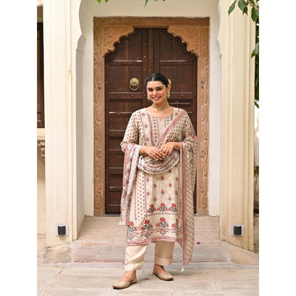 Mahee Jaipur Beige Panel Spread Gota Kurta With Pant And Dupatta
