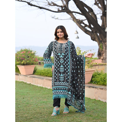 Mahee Jaipur Black Lacy Block Print Muslin Kurta With Pant And Dupatta