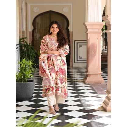 Mahee Jaipur White Floral Thread Embroidery Muslin Kurta With Pant And Dupatta