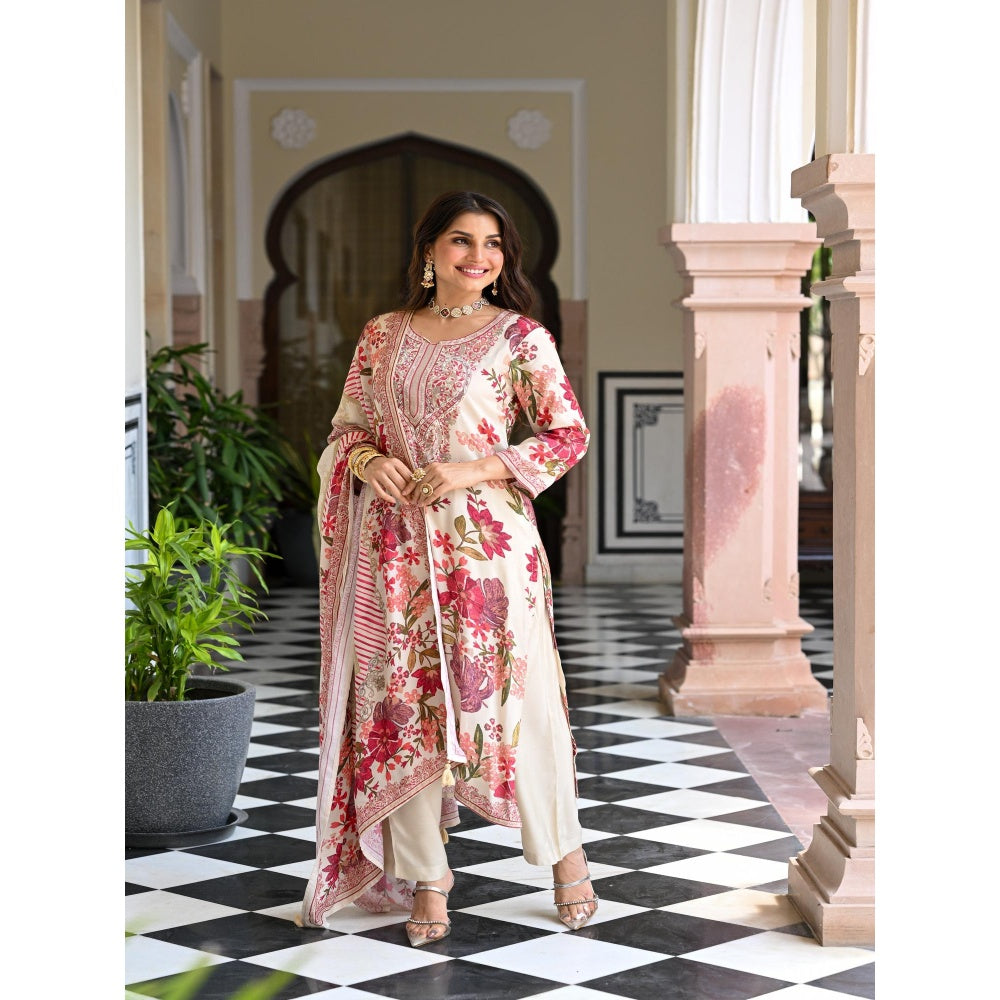 Mahee Jaipur White Floral Thread Embroidery Muslin Kurta With Pant And Dupatta