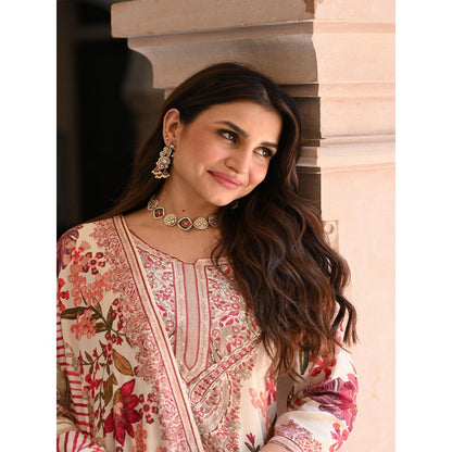Mahee Jaipur White Floral Thread Embroidery Muslin Kurta With Pant And Dupatta