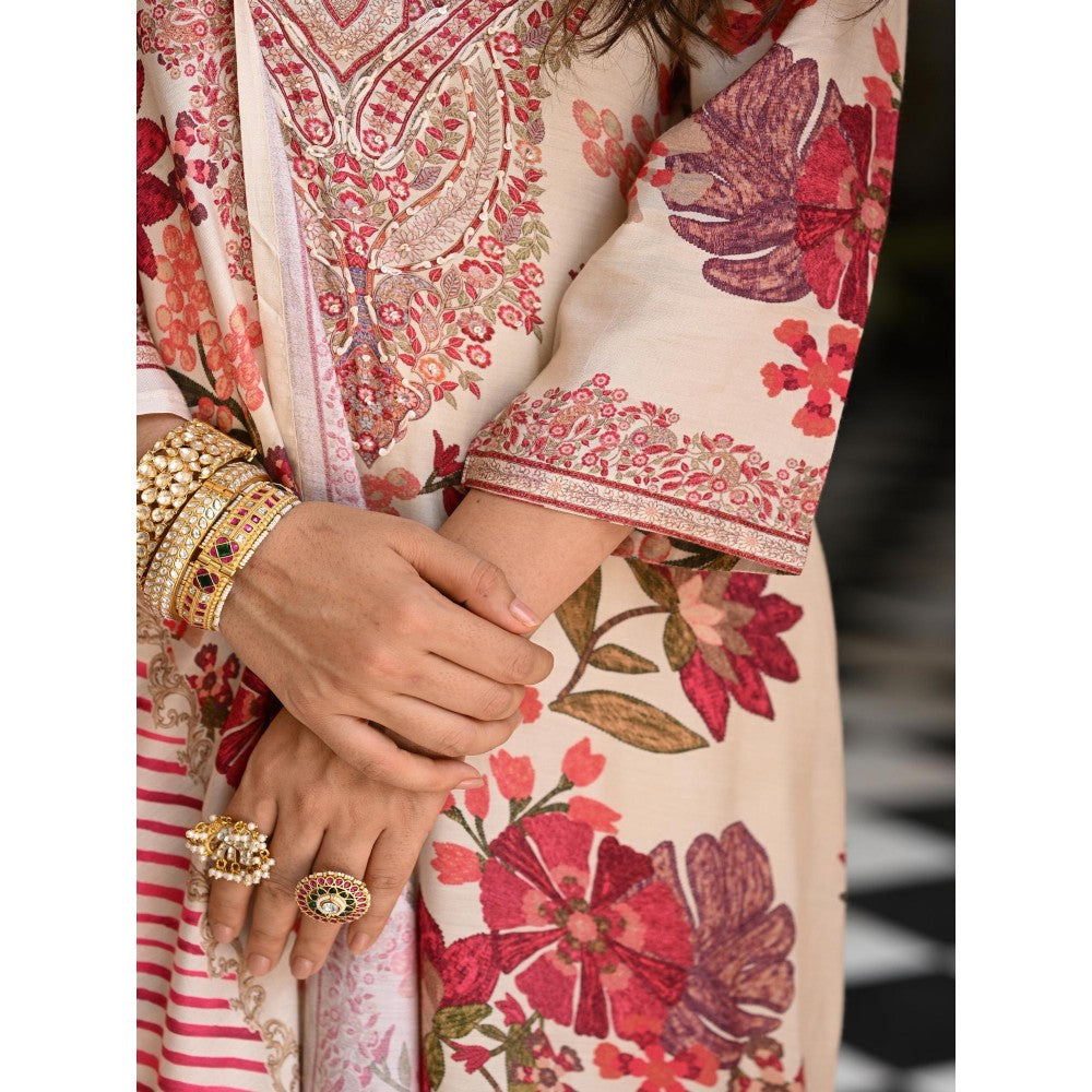 Mahee Jaipur White Floral Thread Embroidery Muslin Kurta With Pant And Dupatta