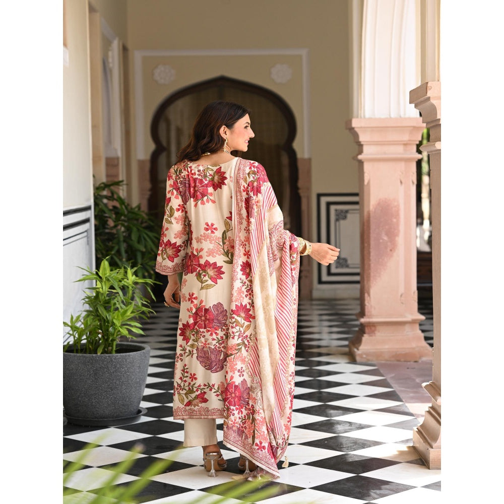 Mahee Jaipur White Floral Thread Embroidery Muslin Kurta With Pant And Dupatta
