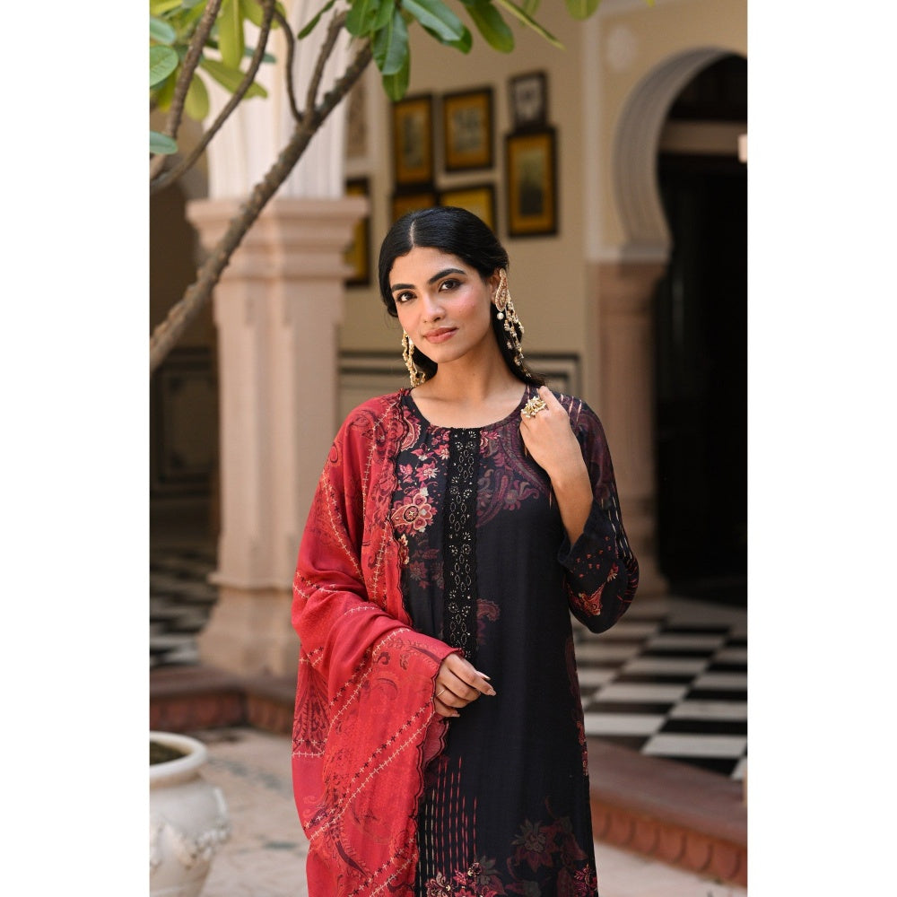 Mahee Jaipur Womens Muslin Embellished/Sequined Black Kurta with Palazzo and Dupatta