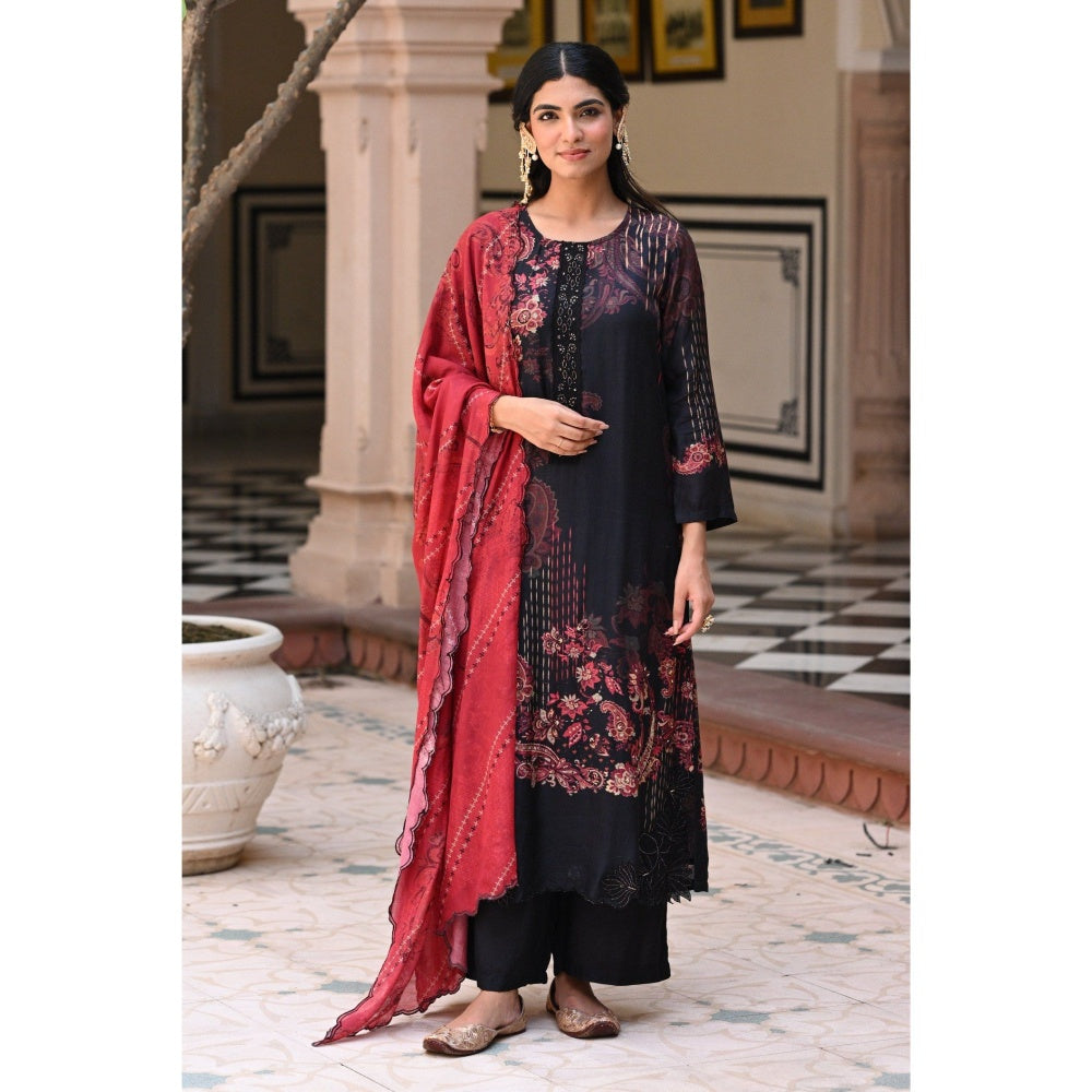Mahee Jaipur Womens Muslin Embellished/Sequined Black Kurta with Palazzo and Dupatta