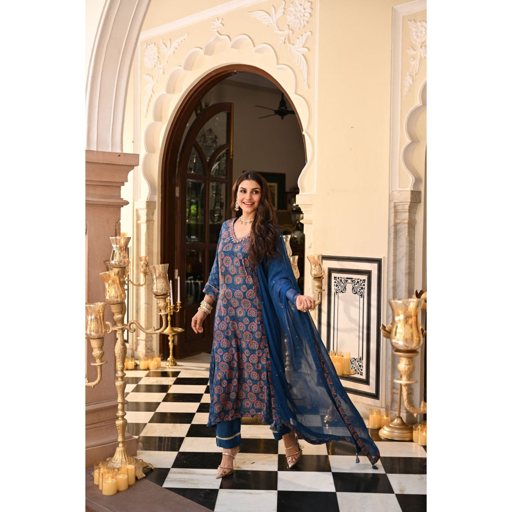 Mahee Jaipur Pure Chiffon Muslin Ajrakh Gota Work Kurta with Pant & Dupatta