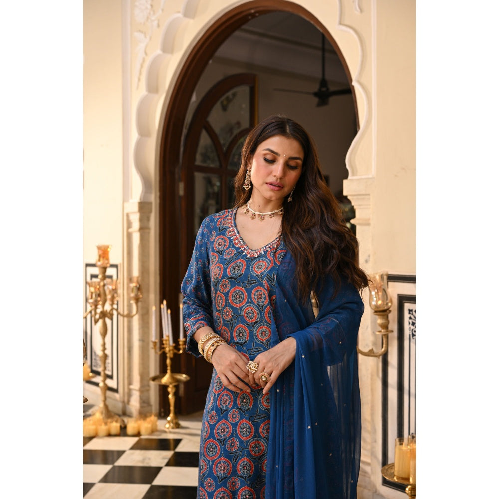 Mahee Jaipur Pure Chiffon Muslin Ajrakh Gota Work Kurta with Pant & Dupatta