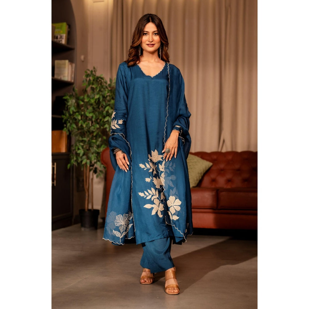 Mahee Jaipur Rama Blue Applique Work Pure Dola Silk Kurta with Pant and Dupatta