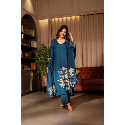 Mahee Jaipur Rama Blue Applique Work Pure Dola Silk Kurta with Pant and Dupatta