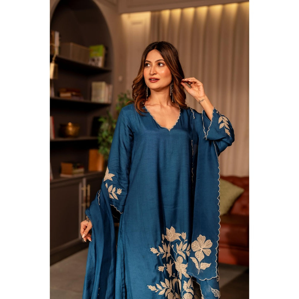 Mahee Jaipur Rama Blue Applique Work Pure Dola Silk Kurta with Pant and Dupatta
