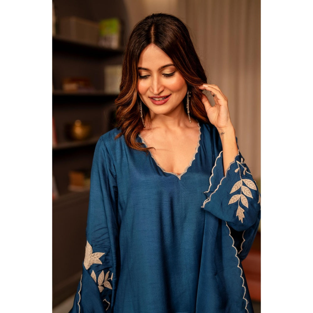 Mahee Jaipur Rama Blue Applique Work Pure Dola Silk Kurta with Pant and Dupatta