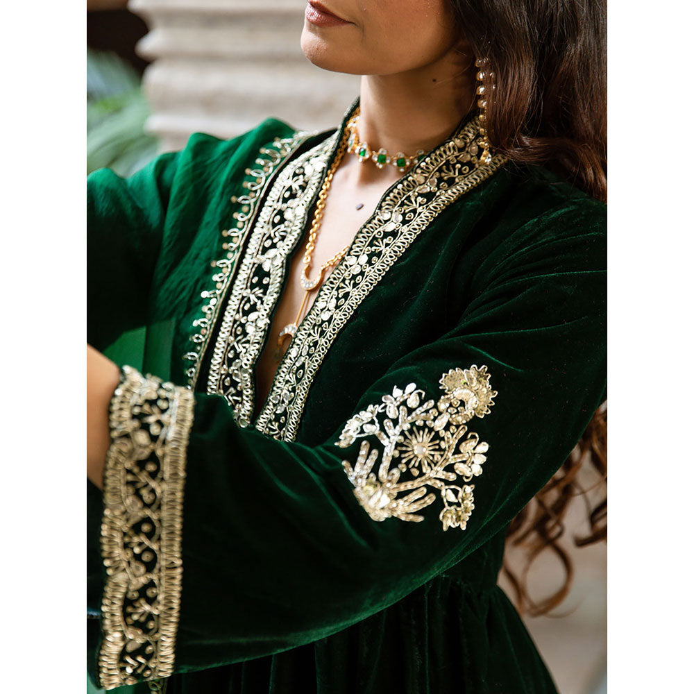 Maison Shefali Khizaan Panna - Velvet Embroidered Anarkali with Pant & Dupatta (Set of 3)