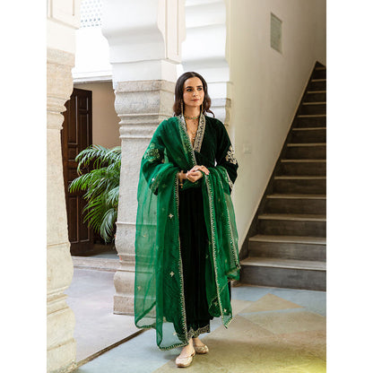 Maison Shefali Khizaan Panna - Velvet Embroidered Anarkali with Pant & Dupatta (Set of 3)