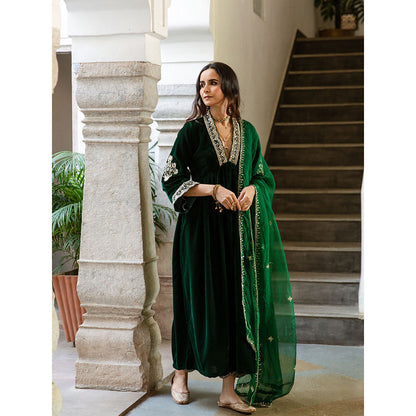 Maison Shefali Khizaan Panna - Velvet Embroidered Anarkali with Pant & Dupatta (Set of 3)