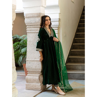 Maison Shefali Khizaan Panna - Velvet Embroidered Anarkali with Pant & Dupatta (Set of 3)