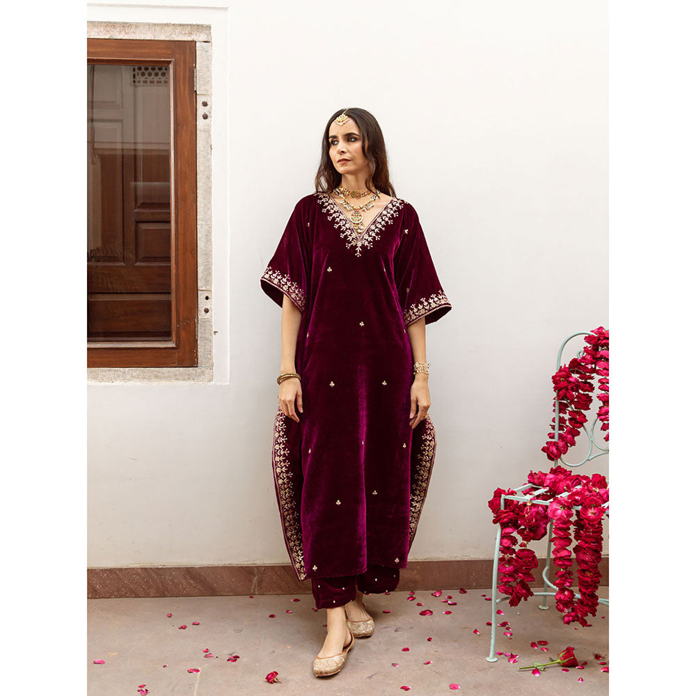 Maison Shefali Ibtida - Velvet Embroidered Kaftan with Pant (Set of 2)