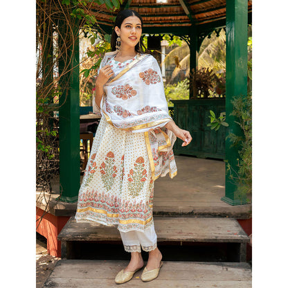 Maison Shefali Mughal Cream Boota Kurta with Pant and Dupatta (Set of 3)