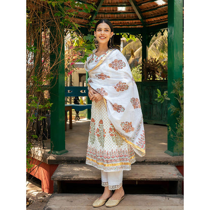 Maison Shefali Mughal Cream Boota Kurta with Pant and Dupatta (Set of 3)