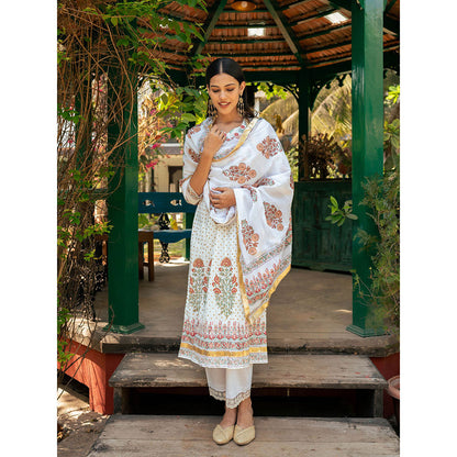 Maison Shefali Mughal Cream Boota Kurta with Pant and Dupatta (Set of 3)