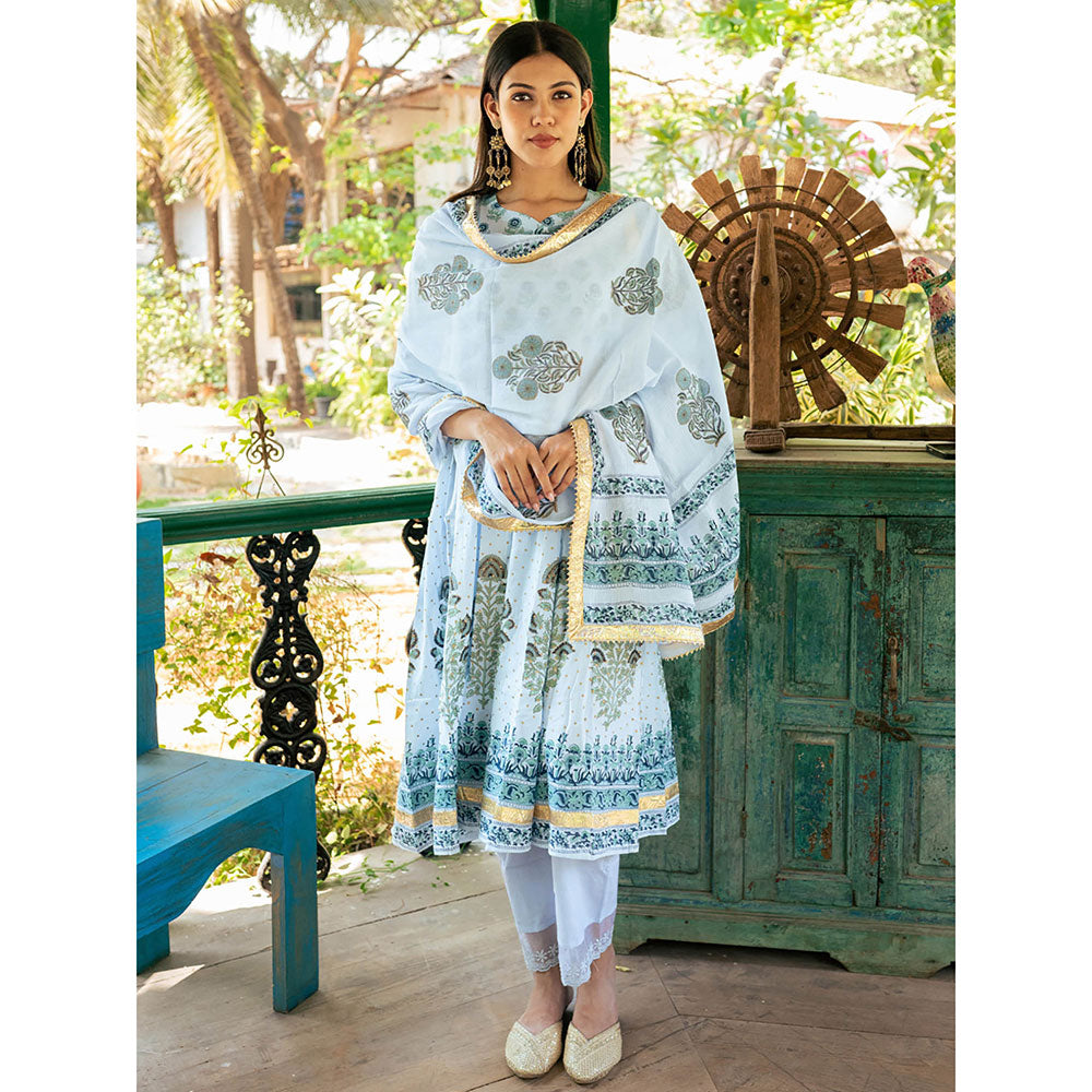 Maison Shefali Mughal Powder Blue Boota Kurta with Pant and Dupatta (Set of 3)