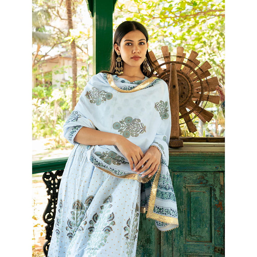 Maison Shefali Mughal Powder Blue Boota Kurta with Pant and Dupatta (Set of 3)