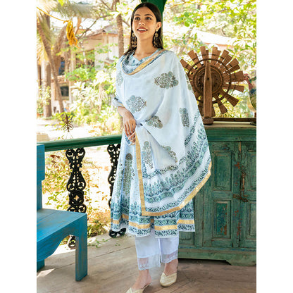 Maison Shefali Mughal Powder Blue Boota Kurta with Pant and Dupatta (Set of 3)
