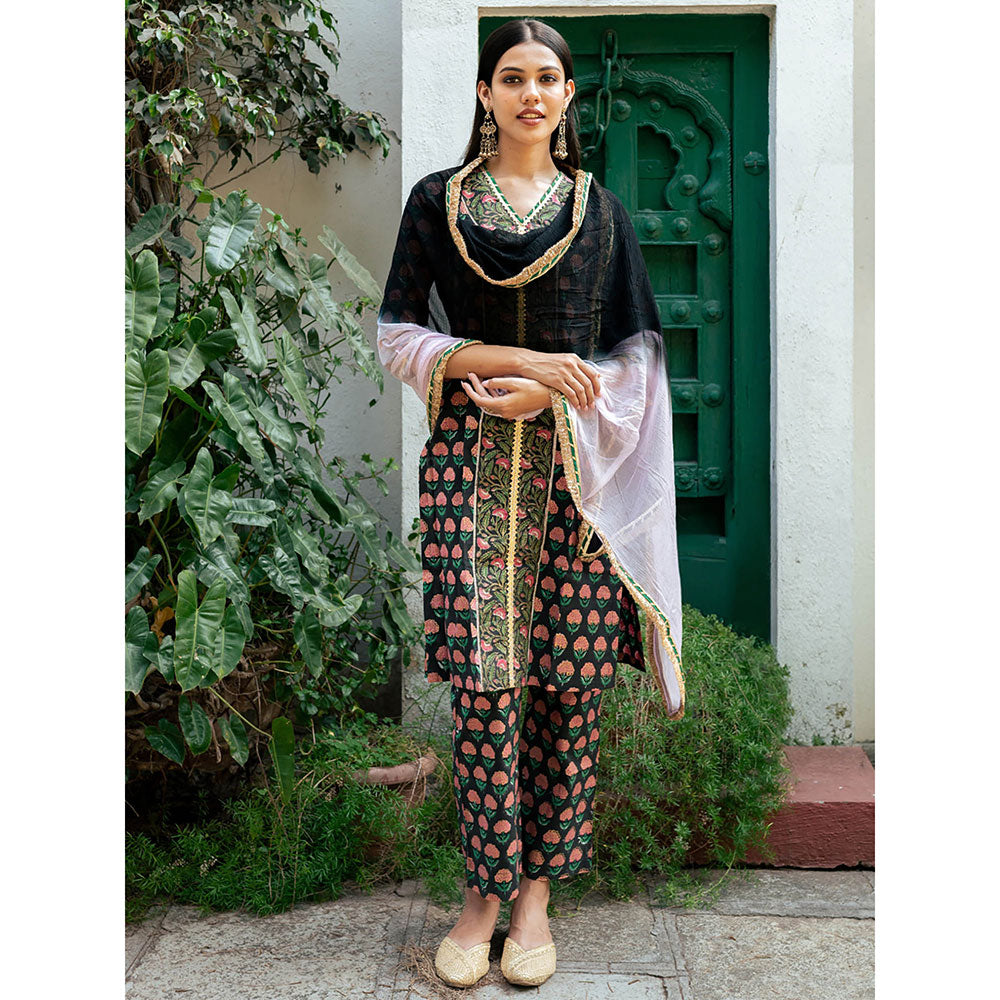 Maison Shefali Black Block Printed Kurta with Pant and Dupatta (Set of 3)