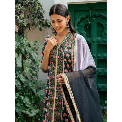 Maison Shefali Black Block Printed Kurta with Pant and Dupatta (Set of 3)