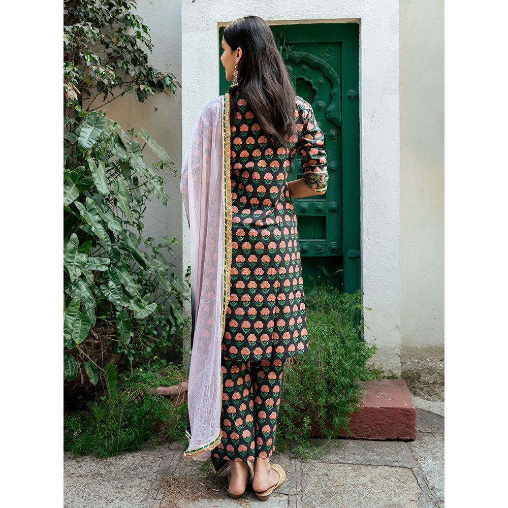 Maison Shefali Black Block Printed Kurta with Pant and Dupatta (Set of 3)