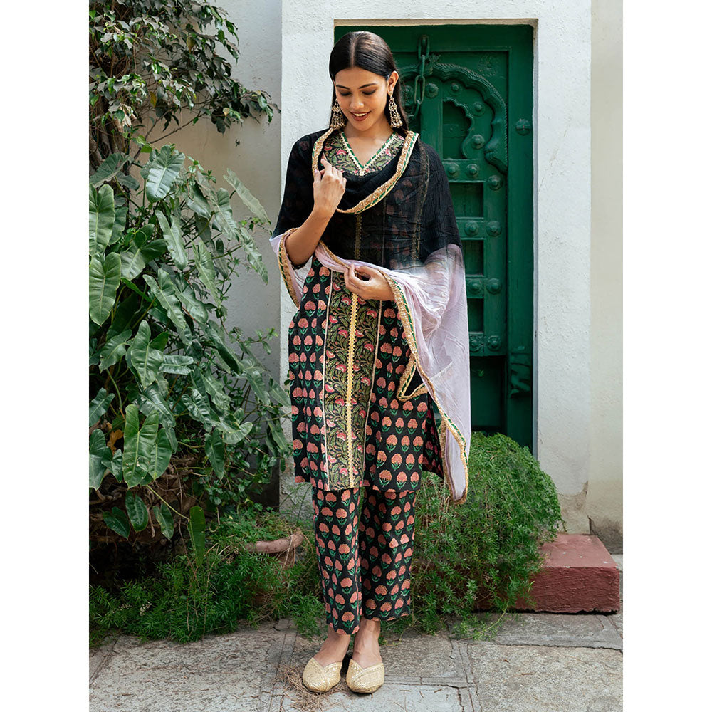 Maison Shefali Black Block Printed Kurta with Pant and Dupatta (Set of 3)