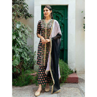 Maison Shefali Black Block Printed Kurta with Pant and Dupatta (Set of 3)