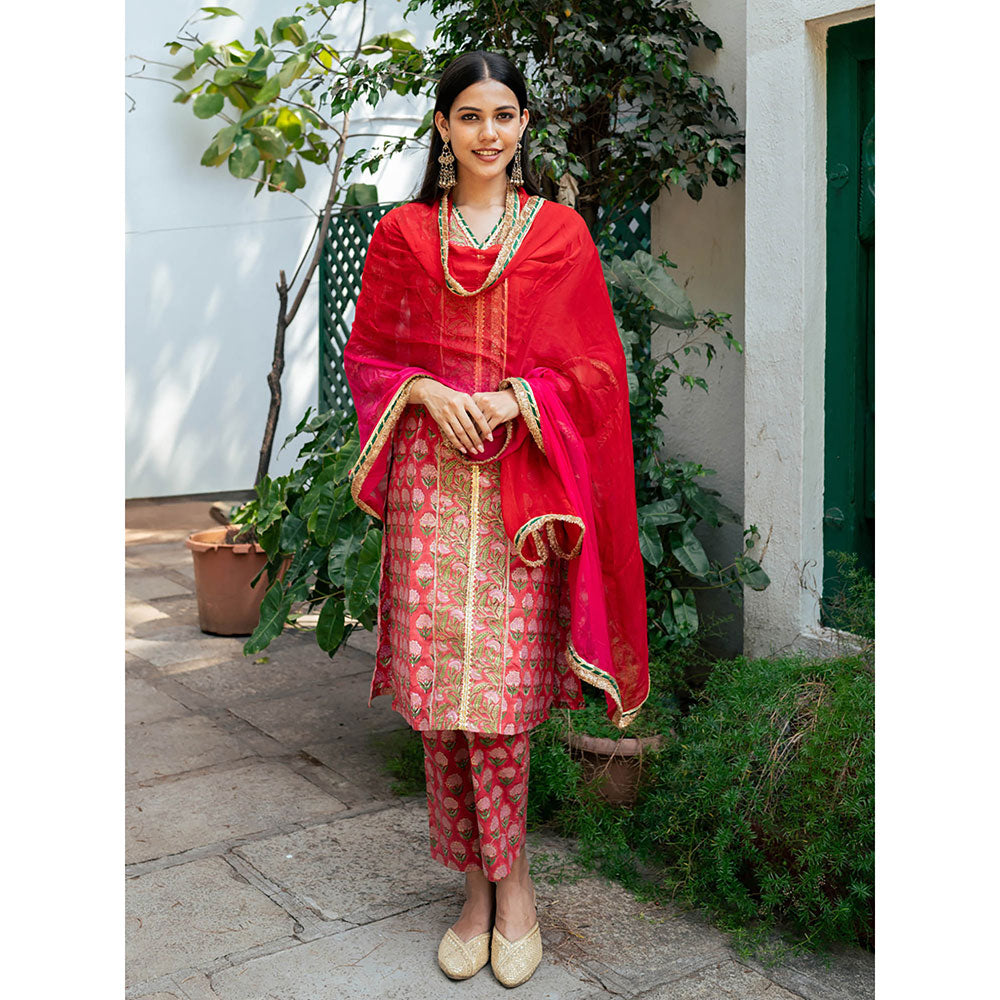Maison Shefali Red Block Printed Kurta with Pant and Dupatta (Set of 3)