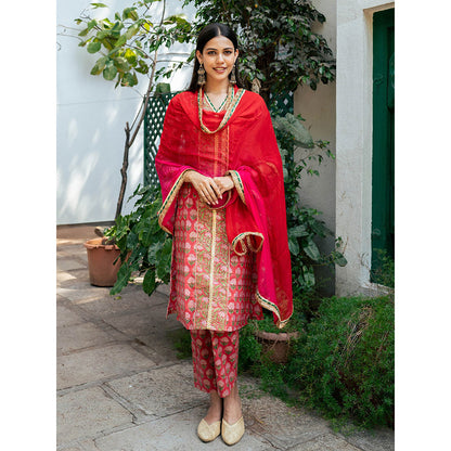 Maison Shefali Red Block Printed Kurta with Pant and Dupatta (Set of 3)