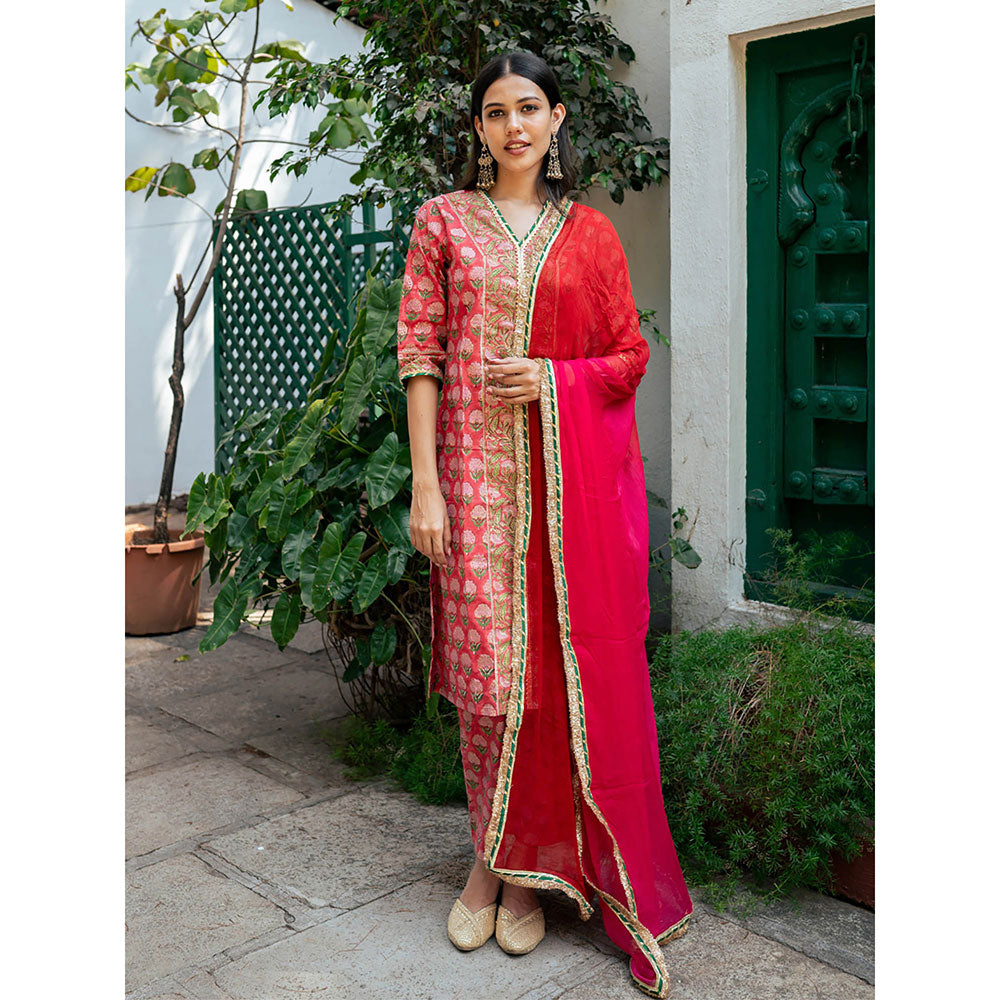 Maison Shefali Red Block Printed Kurta with Pant and Dupatta (Set of 3)