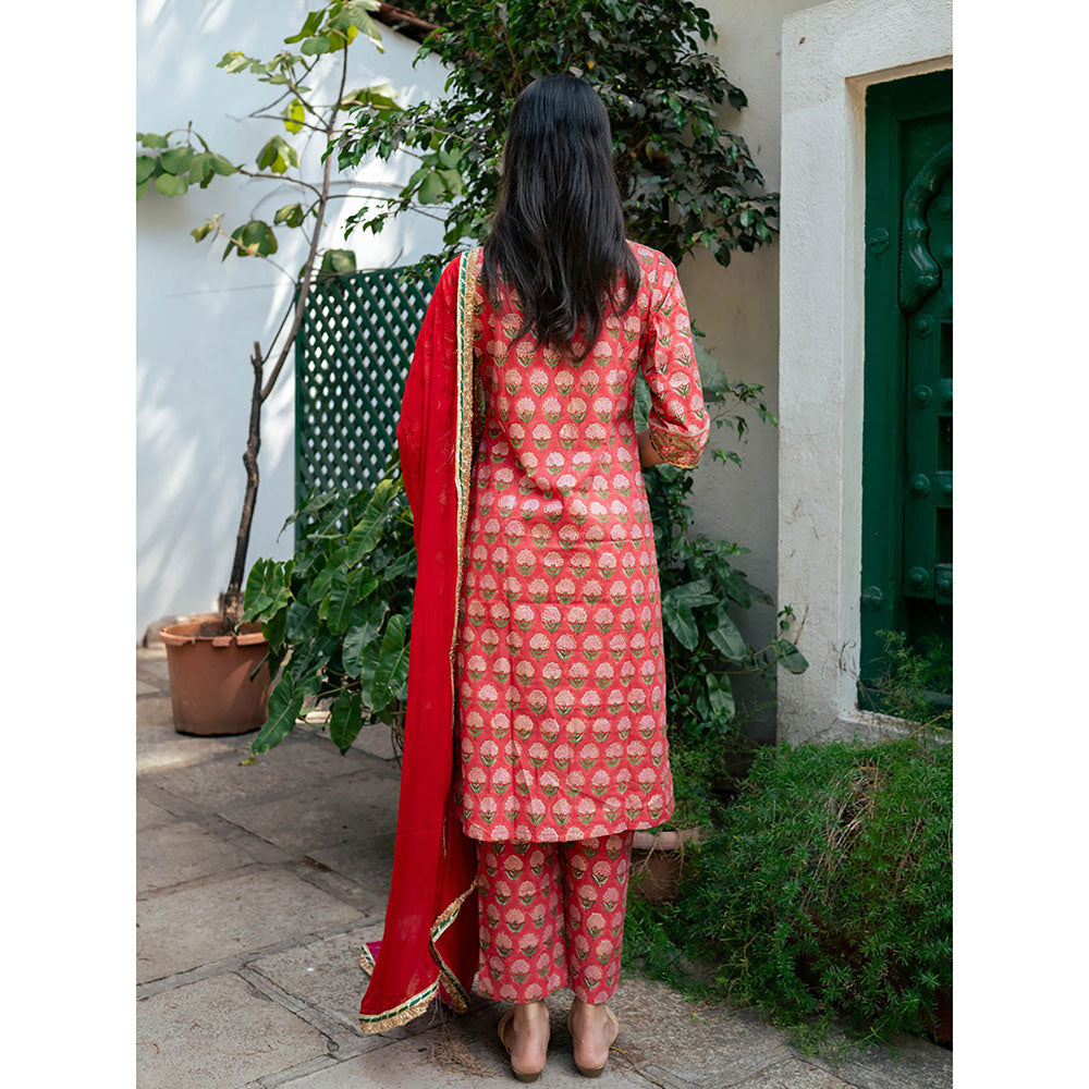 Maison Shefali Red Block Printed Kurta with Pant and Dupatta (Set of 3)