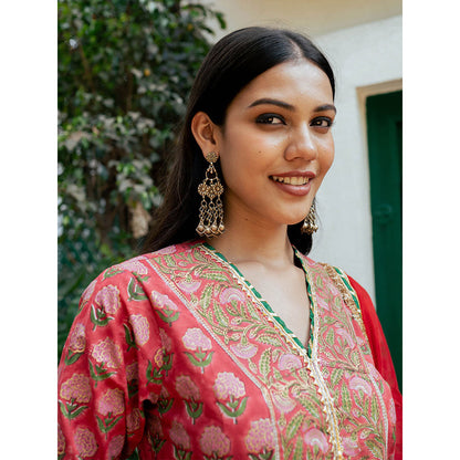 Maison Shefali Red Block Printed Kurta with Pant and Dupatta (Set of 3)