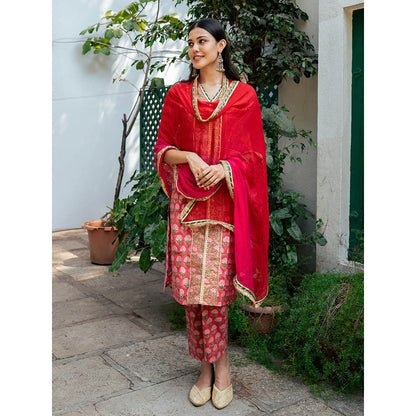 Maison Shefali Red Block Printed Kurta with Pant and Dupatta (Set of 3)