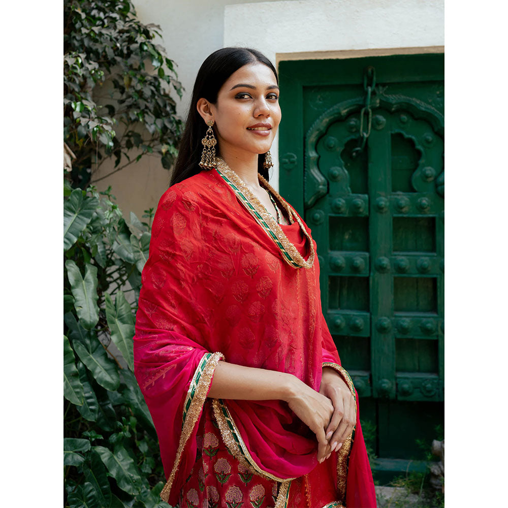Maison Shefali Red Block Printed Kurta with Pant and Dupatta (Set of 3)