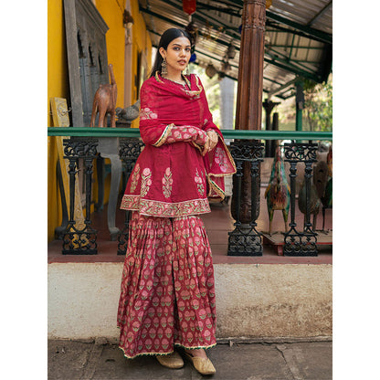 Maison Shefali Red Block Printed Kurti with Sharara and Dupatta (Set of 3)