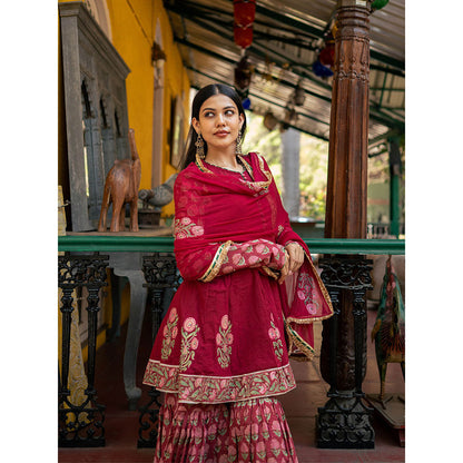Maison Shefali Red Block Printed Kurti with Sharara and Dupatta (Set of 3)