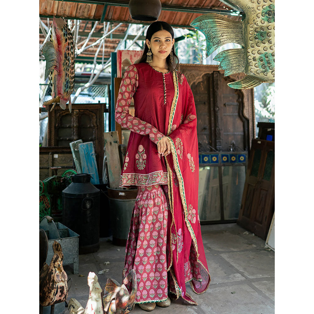 Maison Shefali Red Block Printed Kurti with Sharara and Dupatta (Set of 3)