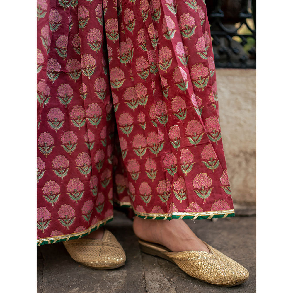 Maison Shefali Red Block Printed Kurti with Sharara and Dupatta (Set of 3)