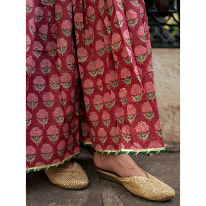Maison Shefali Red Block Printed Kurti with Sharara and Dupatta (Set of 3)